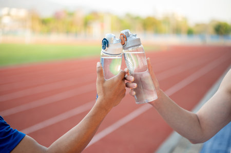 Two asian athlete men are holding and clinking their water bottles together on the racetrack. Jogging or Running, Outdoor exercise or work out.の写真素材