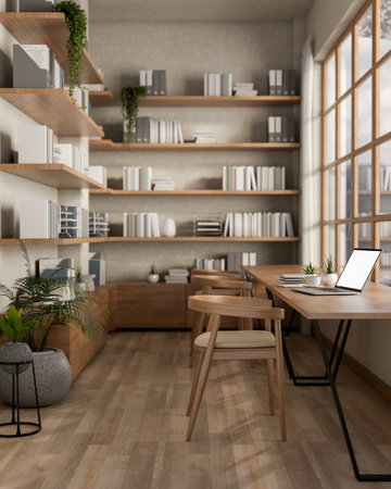 A white screen laptop on the long square table next to glass wall and large bookshelf. Cosy library or study room. 3D Rendering, 3D Illustration.の写真素材