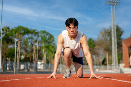 Asian man in white tank top is crouching in a start position ready to run on the racetrack. Outdoor exercise or work out, Athlete training, Sport and health.の写真素材
