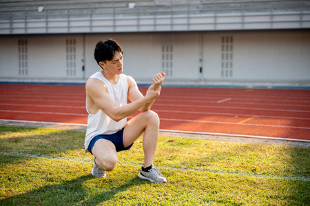 Asian man in white tank top is crouching and holding his wrist on the grass field. Wrist pain or injury. Outdoor exercise or training. Sport and health.の写真素材