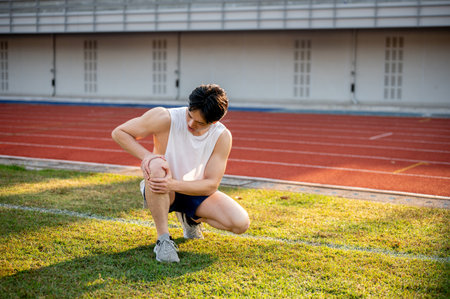 Asian man in white tank top is crouching and holding his knee on the grass field. Knee pain or injury. Outdoor exercise or training. Sport and health.の写真素材