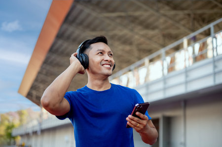 An asian man in blue t shirt is wearing headphones and listening to music while holding his phone in sports stadium. Relaxing Outdoor. Exercise or work out.の写真素材
