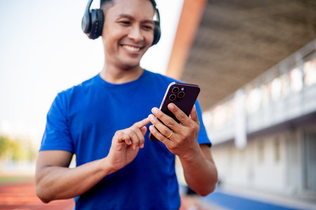 A smiling asian man in blue t shirt is wearing headphones while tapping on his phone in sports stadium. Chatting or playing a song, Relaxing Outdoor.の写真素材