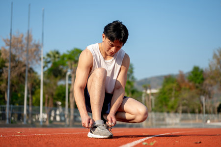 Asian man in white tank top is crouching while tying his sneaker shoelace on racetrack. Outdoor...