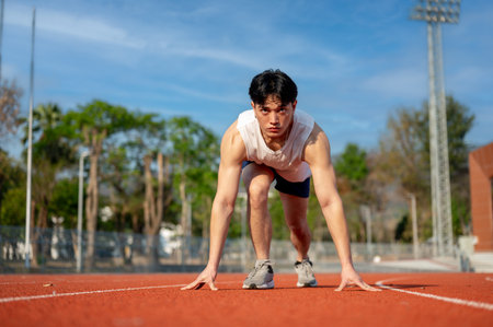Asian man in white tank top is crouching in a set position ready to run on racetrack. Outdoor...