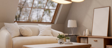 A fabric sofa with cushion and a square table under warm lamp light in living room or study room. Cosy house Interior. 3D Rendering, 3D Illustration.の写真素材