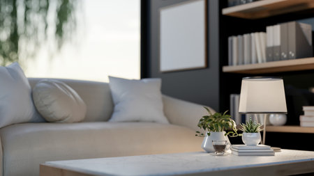 A large fabric sofa with cushion and a square marble table in the living room or study room. Cosy house Interior. 3D Rendering, 3D Illustration.の写真素材