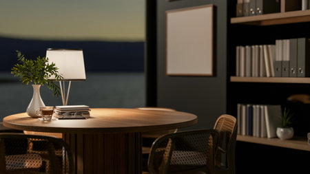 A coffee cup and books on wooden table with armchairs under a lamp light in dim room. Study or Working at dusk or dawn. 3D Rendering, 3D Illustration.の写真素材