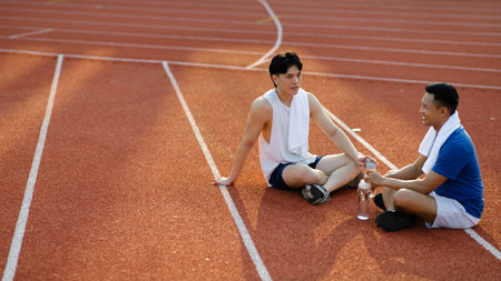 Two asian athletic male friends are talking together while sitting on racetrack in sports stadium. Taking a rest after running, Outdoor exercise.の写真素材