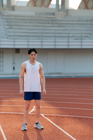 An asian man in white tank top is standing and looking ahead while taking a rest after running on racetrack in sports stadium. Outdoor exercise or training.の写真素材