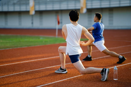Two asian athlete men are stretching their muscles together on the racetrack in sports stadium. Jogging or Running, Outdoor exercise or work out.の写真素材