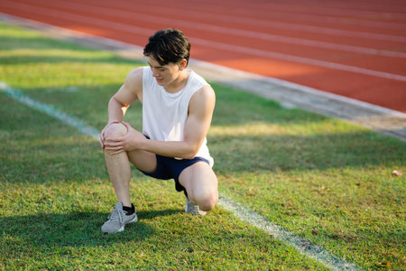 White tank top asian man is holding his knee while crouching on grass field. Pain or injury. Outdoor exercise or training. Sport and health.の写真素材