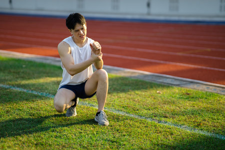 White tank top asian man is holding his wrist while crouching on grass field. Pain or injury. Outdoor exercise or training. Sport and health.の写真素材