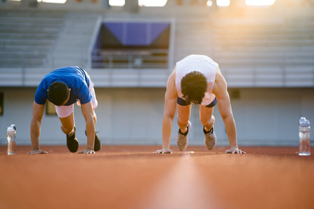 Two asian athlete men crouching in a set position preparing to run on the racetrack in sports stadium. Athlete training, Outdoor exercise or work out.の写真素材