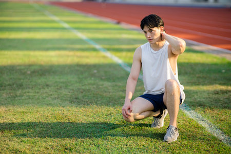 White tank top asian man with hands on his the neck is crouching on grass field. Waiting or resting. Outdoor exercise or training. Sport and health.の写真素材