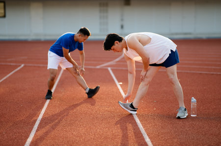 Two asian athlete men are stretching their legs and foots together on the racetrack in sports stadium. Jogging or Running, Outdoor exercise or work out.の写真素材