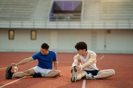 Two asian athlete men sitting and stretching their foots together on the racetrack in sports...