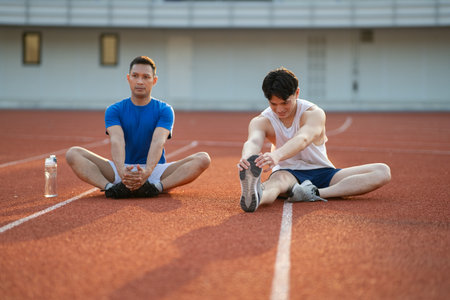 Two asian athlete men stretching their foots together, sitting on the racetrack in sports stadium. Jogging or Running, Outdoor exercise or work out.の写真素材