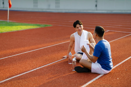 Two asian athlete men are sitting and talking together on racetrack in sports stadium. Taking a rest after jogging or running, Outdoor exerciseの写真素材