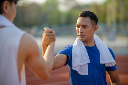 Close up of asian athlete men joining hands and locking eyes with each other on racetrack in sports stadium. Sportsmanship, Outdoor exercise or training.の写真素材