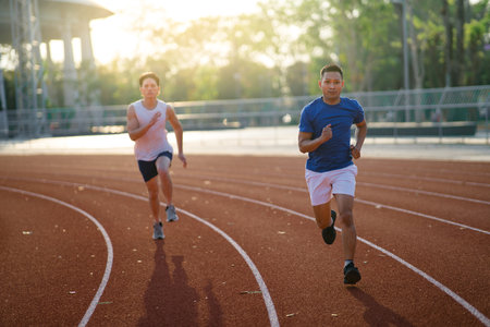 Two male friends or asian athlete men are competing in a run on racetrack in the sports stadium. Athlete training, Outdoor exercise or work out.の写真素材