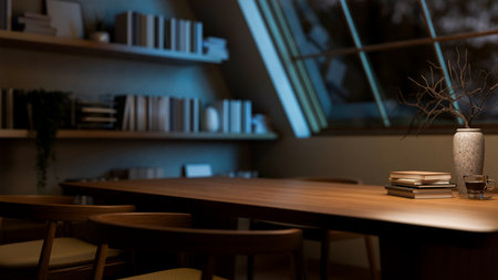 A coffee cup on wooden table and armchairs next to a bookshelf in the dim room with roof window. Working or study at night. 3D Rendering, 3D Illustration.の写真素材
