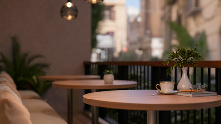 A coffee cup on round stool table with fabric sofa on the cafe terrace or balcony. Relaxing corner, 3D rendering, 3d illustration.の写真素材