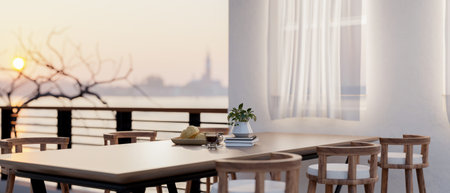 Breads on plate next to coffee cup on a long table with armchairs on terrace or rooftop of restaurant. Sightseeing balcony. 3D rendering, 3d illustration.の写真素材