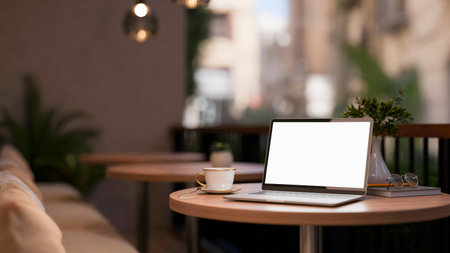 A white screen laptop and coffee cup on stool table with fabric sofa on the cafe terrace or balcony. Relaxing corner, 3D rendering, 3d illustration.の写真素材