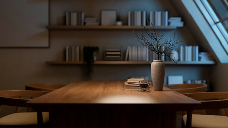 A coffee cup on wooden table and armchairs next to a bookshelf in a dim room with roof window. Working or study at night. 3D Rendering, 3D Illustration.の写真素材