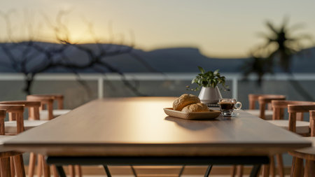 Breads on plate next to coffee cup on square table with armchair on a terrace or rooftop of restaurant. Sightseeing balcony. 3D rendering, 3d illustration.の写真素材