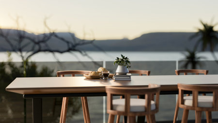 Breads on plate next to coffee cup on a long table with armchair on terrace or rooftop of restaurant. Sightseeing balcony. 3D rendering, 3d illustration.の写真素材