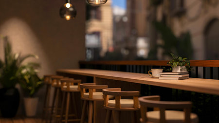 A coffee cup and books on wooden counter with stool chairs under lamp light on the balcony. Cafe or...