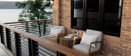 Two armchair with pillows and wooden stool table on balcony or terrace with bricks wall over a lake or river. Sightseeing spot, Relaxing Outdoor.の写真素材