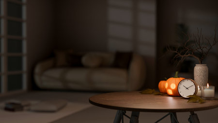 Glowing halloween pumpkin lanterns with clock and lighting candle on wooden table in dark living...