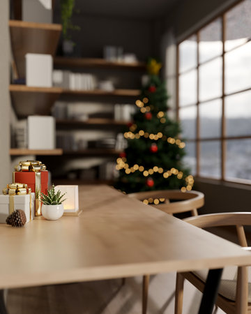 Gift box presents with lamp and pot plant on wooden table aside Christmas tree with snowing outside. Xmas Celebration, 3D Rendering, 3D Illustration.の写真素材