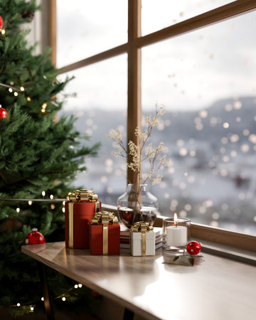 Gift box presents with candles on wooden table aside Christmas tree with snowing outside the window. Xmas Celebration, 3D Rendering, 3D Illustration.の写真素材