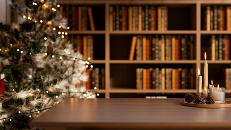 Candles and pinecones on wooden table across Christmas trees and bookshelf in living room or library. Product Display, 3D Rendering 3D Illustration.の写真素材