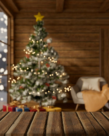 Wooden counter table across Christmas tree with present gift box aside sofa chair in cosy living room. Product Display, 3D Rendering, 3D Illustration.の写真素材