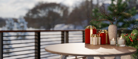 Present gift box and candles on round wooden table at outdoors garden or balcony terrace with snowfall. Product Display, 3D Rendering, 3D Illustration.の写真素材