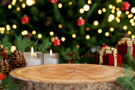 Stump wooden table with present gift box aside candle and pinecone in front of lighting Christmas tree. Xmas Decoration, 3D Rendering, 3D Illustration.の写真素材