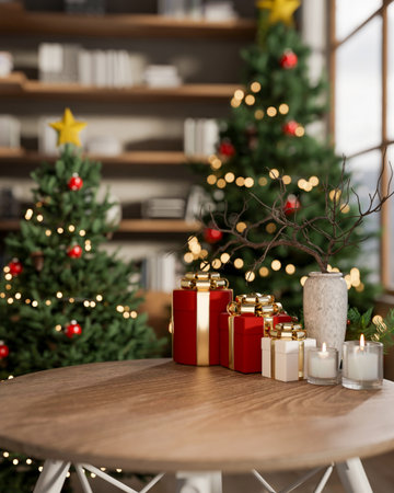 Wooden round table with present gift box and candles across Christmas trees in a cosy living room. Product Display, 3D Rendering, 3D Illustration.の写真素材