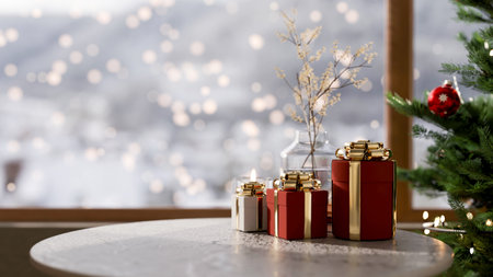 Present gift box and vase on round marble table aside Christmas tree with snowfall outside a window....