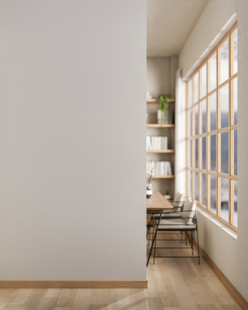 Empty white wall along the wooden parquet floor corridor or hallway with an entrance to study room or library. 3d rendering, 3d illustrations.の写真素材