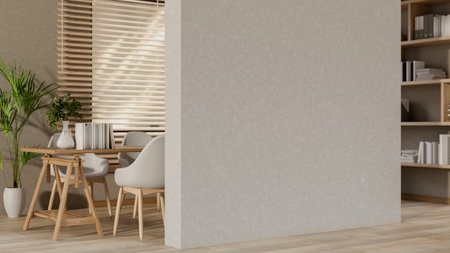Empty white wall between a study or working corner and the wooden parquet floor corridor or hallway....