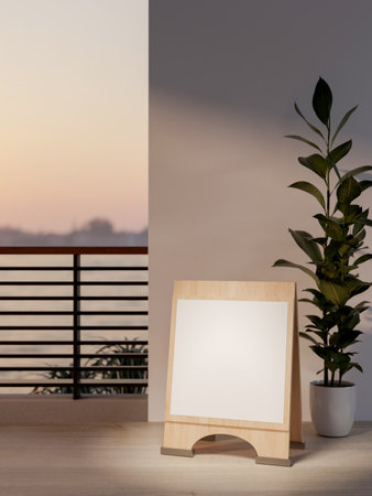 Blank wooden signboard placing in front of white wall and potted plant near terrace with river view. Advertising Mockup, 3D rendering, 3d illustration.の写真素材