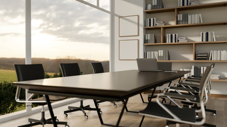 A laptop on black table with swivel chairs in the office with large bookshelf and wide glass wall. Meeting Room Setup. 3D rendering, 3d illustration.の写真素材