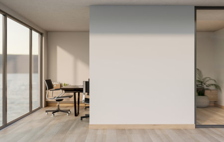 Empty white wall between working area with table and chairs and resting area in company building. Modern Office Interior, 3D Rendering, 3D Illustration.の写真素材