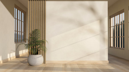 Empty white wall with a potted plant in the middle of a wooden parquet floor corridor of a building. Cosy Interior, 3D Rendering, 3D Illustration.の写真素材