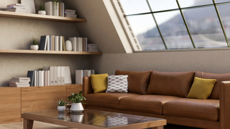 A coffee cup and potted plants on glass top wooden table next to a brown sofa under roof window....